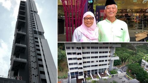 The 35-storey Spottiswoode 18 condominium; Nasiari Sunee, pictured with his wife, died after being hit in the head with a wine bottle allegedly thrown from the high-rise's 7th floor.