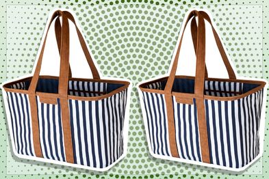 9PR: CleverMade 30L SnapBasket Reusable Collapsible Grocery Shopping Tote Bag, Navy Striped