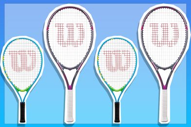 9PR: Wilson Tour Slam Adult Strung Tennis Racket and Wilson US Open Jr Tennis Racket for Kids