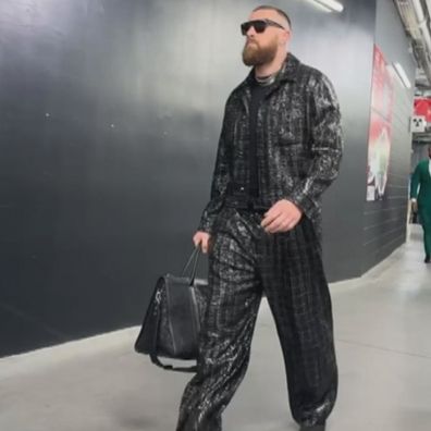 Travis Kelce arrives at the Super Bowl.