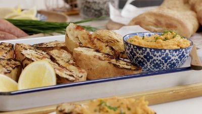Recipe: <a href="https://kitchen.nine.com.au/2017/11/24/15/20/easy-sweet-potato-hummus-with-spiced-grilled-turkish-bread" target="_top">Easy sweet potato hummus with spiced grilled Turkish bread</a>