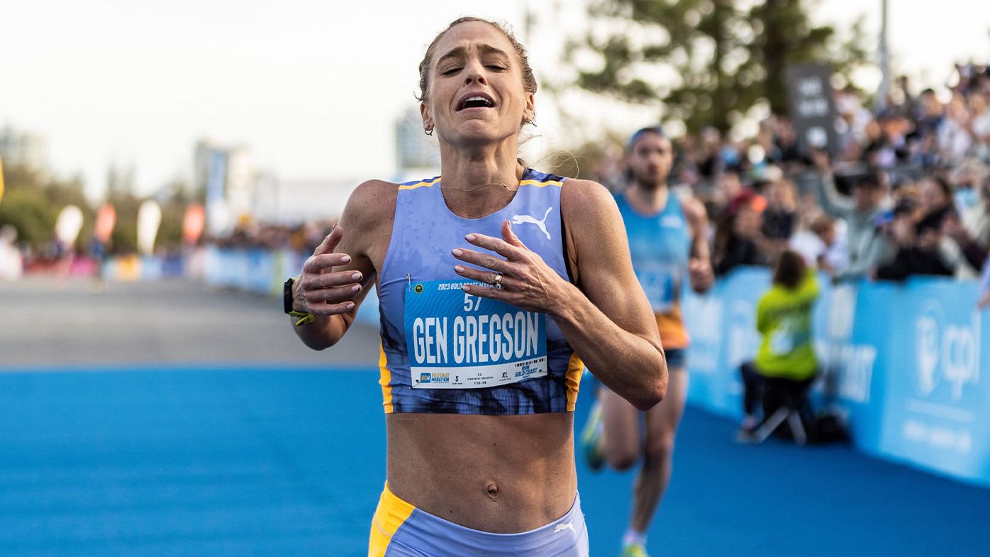 An emotional Genevieve Gregson completes the Gold Coast Marathon.