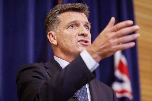 Il leader dell'opposizione Angus Taylor parla durante una conferenza stampa