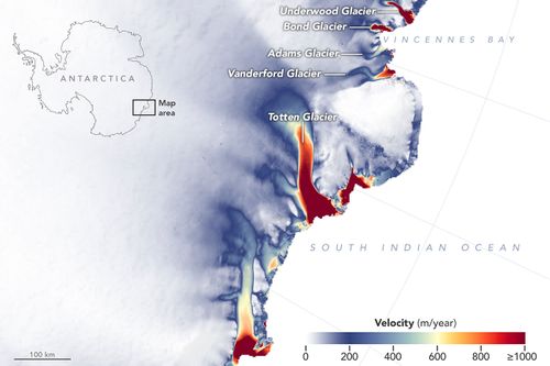 An illustration issued by NASA shows a map of ice velocity and elevation that has revealed a group of glaciers covering one-eighth of the East Antarctic coast have been losing ice for a decade.