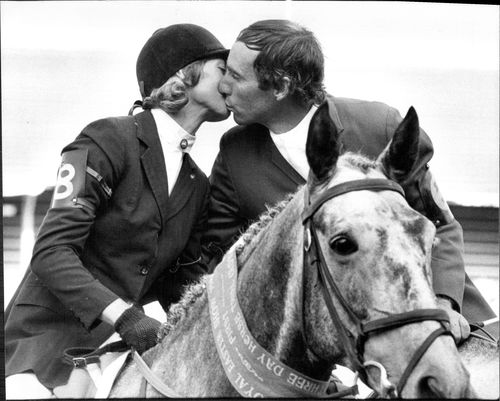 Vicki and Wayne Roycroft give each other a kiss after finishing first and second in advanced section of Final Round of Sydney Morning Herald Three Day Event - Show jumping at R.A.S. Showground. (Photo: March 17, 1984)