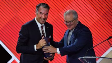 Prime Minister Scott Morrison with 2020 Australian of the Year winner Dr James Muecke during the 2020 Australian of the Year Awards.