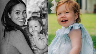 Meghan, Duchess of Sussex holding Lilibet (left) Lilibet at Frogmore Cottage (right) on her first birthday on June 4, 2022