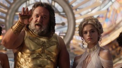 Russell Crowe and Indiana Evans in Thor: Love and Thunder