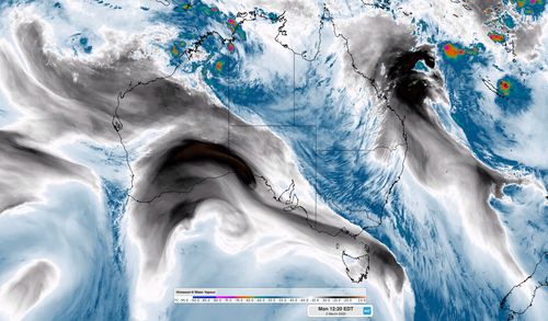 Map shows large swathe of rain and thunderstorms tracking across NSW, the ACT, Queensland and Victoria. 