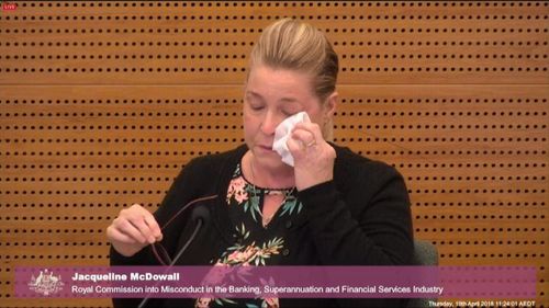 Jacqueline McDowall broke down at the commission yesterday where she revealed bad advice from Westpac bank had left her homeless.