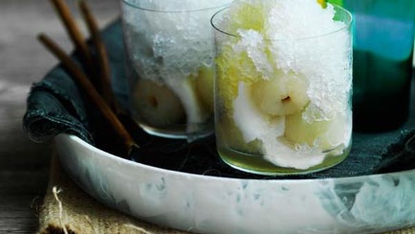 Coconut snow cones with young coconut and pineapple-ginger syrup