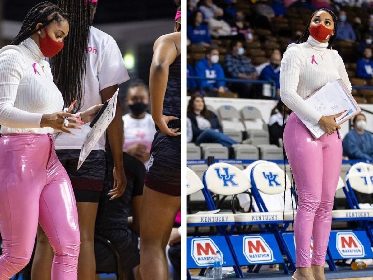 Basketball coach Sydney Carter responds to outfit criticism after she wore  pink leather pants to a game - 9Honey