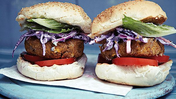 Anjum Anand's chickpea burgers with Indian purple coleslaw