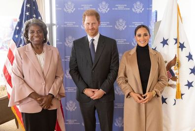 Prince Harry and Meghan Markle with Ambassador Linda Thomas-Greenfield at the US Mission to the UN, New York