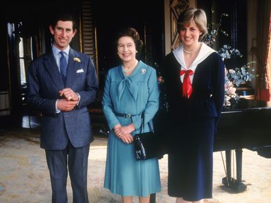 Prince Charles and Lady Diana Spencer (later Princess Diana) with Queen Elizabeth II at Buckingham Palace, 1981.