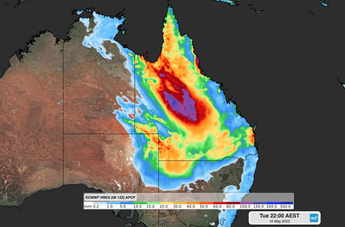 Predicted accumulation of rain on Tuesday, May 10, according to the ECMWF-HRES model.