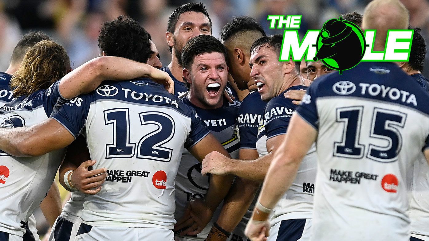 Chad Townsend is mobbed by Cowboys teammates after kicking a match-winning field goal against the Knights in round two, 2024.
