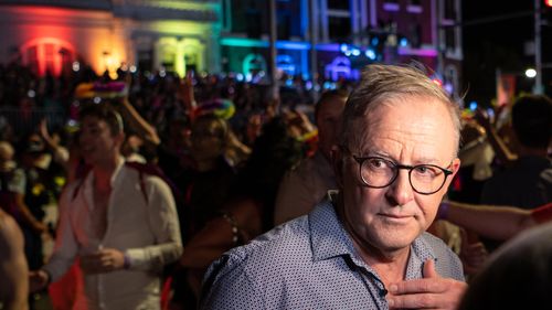 PM Anthony Albanese speaks to the media during the 45th annual Gay and Lesbian Mardi Gras parade in Sydney, March 25, 2023.