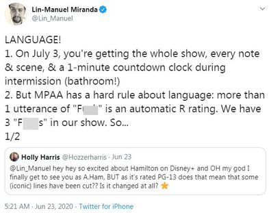 Lin-Manuel Miranda, tweet, Hamilton, censored, Disney Plus