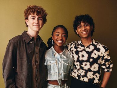 PASADENA, CALIFORNIA - FEBRUARY 10: (L-R) Walker Scobell, Leah Sava' Jeffries and Aryan Simhadri of "Percy Jackson and the Olympians" pose for a portrait during the 2024 Winter Television Critics Association Press Tour at The Langham Huntington, Pasadena on February 10, 2024 in Pasadena, California. (Photo by Robby Klein/Getty Images)