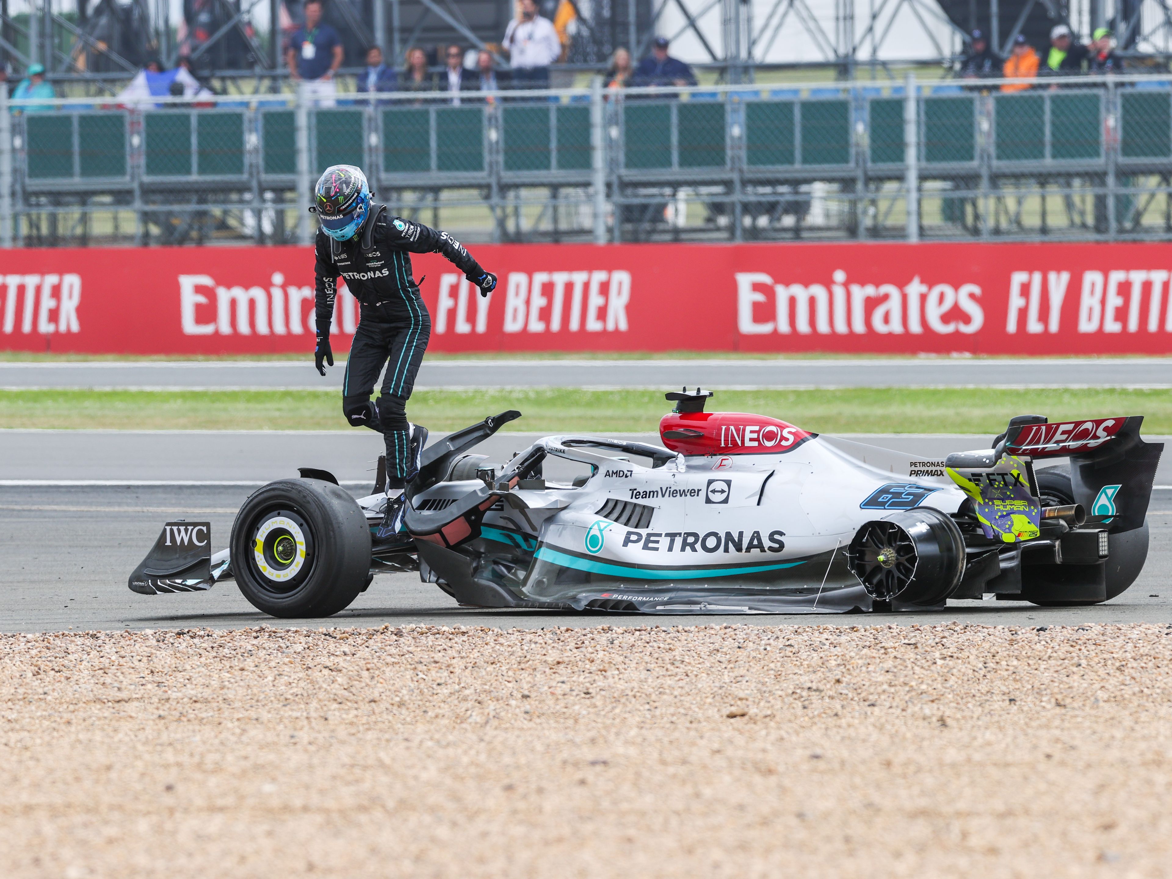 NORTHAMPTON, ENGLAND - JULY 03: George Russell of Mercedes and Great Britain crashes during the F1 Grand Prix of Great Britain at Silverstone on July 03, 2022 in Northampton, England. (Photo by Peter J Fox/Getty Images)