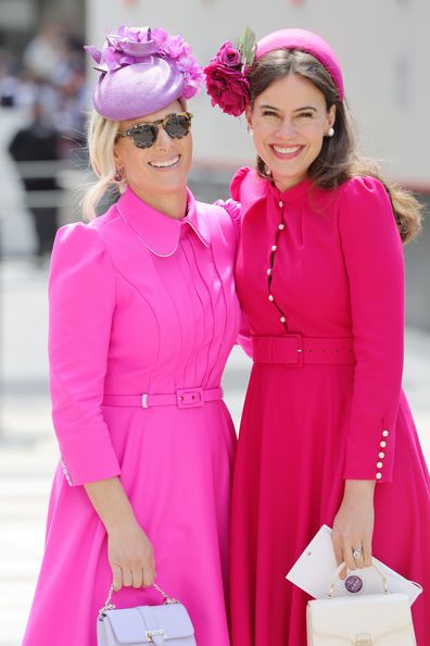 Zara Tindall and Sophie Winkleman arrive for the Lord Mayor's reception for the National Service of Thanksgiving at The Guildhall on June 03, 2022 in London, England. 