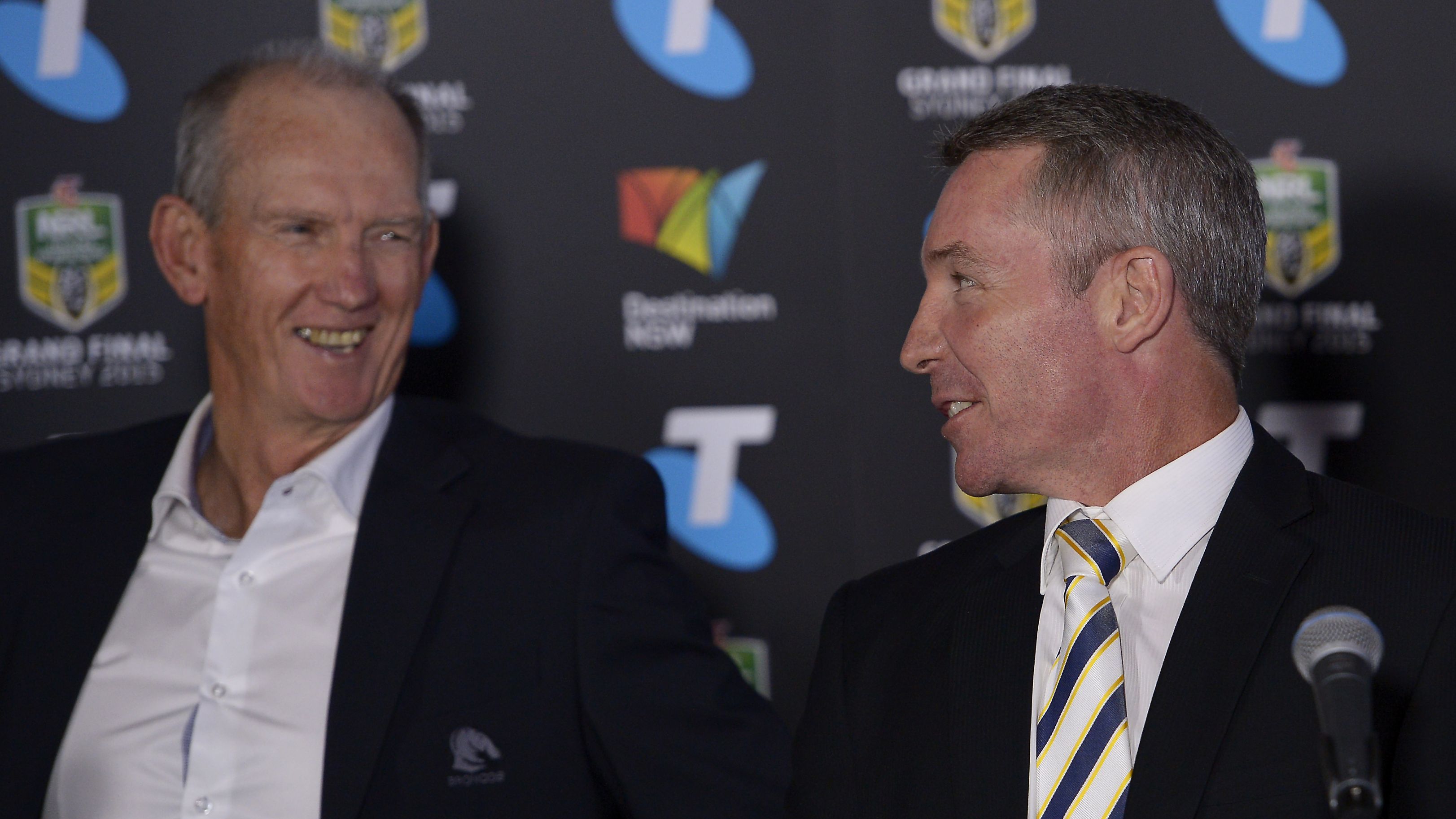 Wayne Bennett and Paul Green speak during the official 2015 NRL Grand Final press conference.