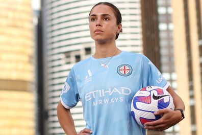 SYDNEY, AUSTRALIA - APRIL 04: Melbourne City captain Emma Checker poses during the 2023 A-League Women's Finals Series Launch at the Museum of Contemporary Art on April 04, 2023 in Sydney, Australia. (Photo by Mark Kolbe/Getty Images)