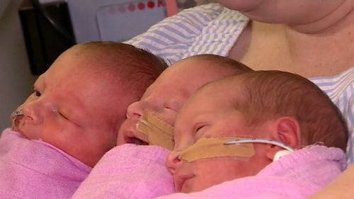 Idential triplets Isabella, Amelia and Georgia had a one in 300,000 chance of being born. (9NEWS)