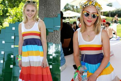Floral headpiece... and floral sunnies?! <br/><br/>AnnaSophia Robb looks like she's bathed in a giant packet of Skittles.