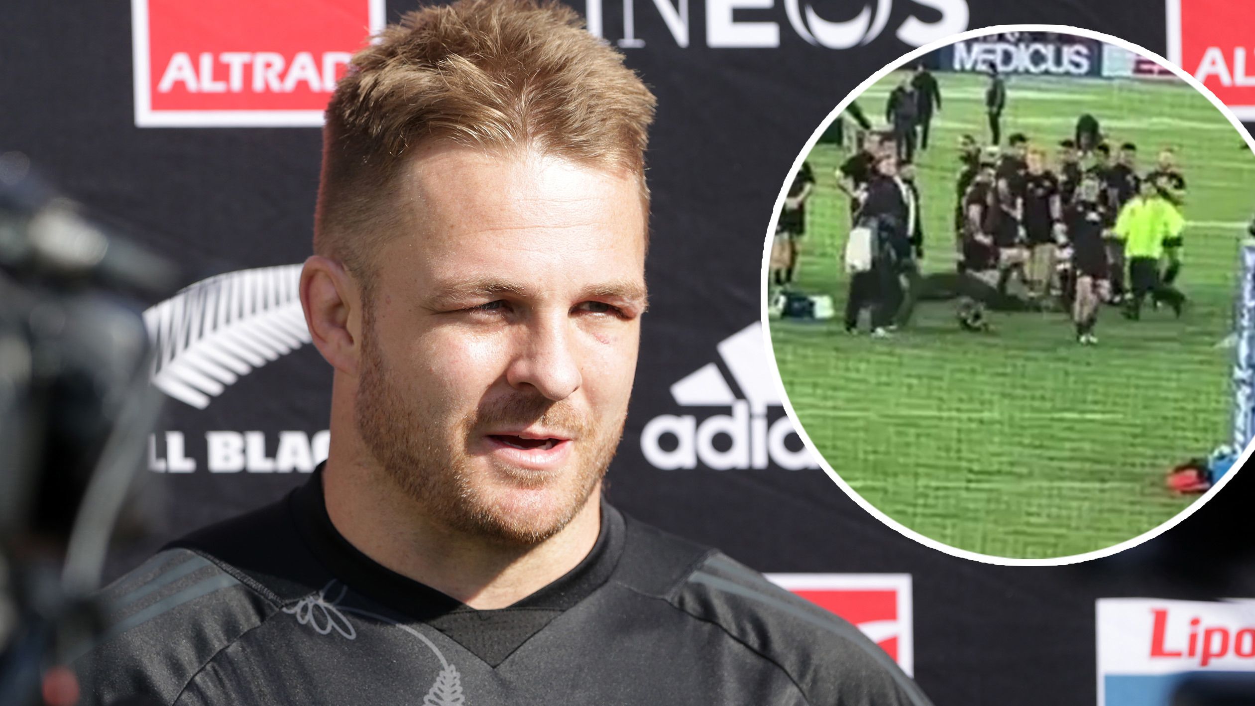 Sam Cane of New Zealand speaks to media members during a New Zealand Captain&#x27;s Run.