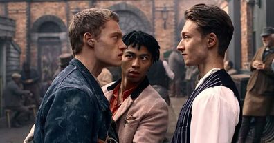 Scene from The Irregulars featuring (L-R) Jojo Macari, Mckell David and Harrison Osterfield