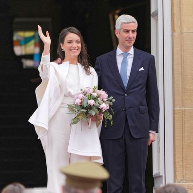LUXEMBOURG, LUXEMBOURG - APRIL 22: Her Royal Highness Alexandra of Luxembourg & Nicolas Bagory greet the crowd as they arrive for their Civil Wedding at Luxembourg City Hall on April 22, 2023 in Luxembourg, Luxembourg. (Photo by Sylvain Lefevre/Getty Images)