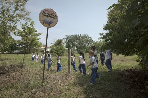 Children walk past a sign reading in Spanish "Danger  Presence of Hippos" as they arrive for class at a school near the Napoles Park in Puerto Triunfo, Colombia.