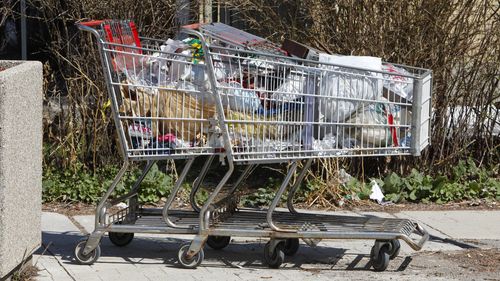 April 23 2009- Two abandoned shopping carts full of trash on Portland St. and Royal York Rd. Series of photos showing locations where garbage has been strewn -- on boulevards, in parks, on the street etc. There are tires and carpets, shoes, plastic storage bins and a buck that's been on the Lakeshore for who knows how long. It's part of a "fixer" spread for Friday which is 20 minuted makeover day. (Photo by David Cooper/Toronto Star via Getty Images)