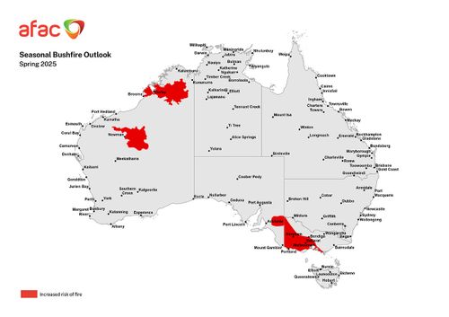 A map of areas at increased fire risk included in the APAC Seasonal Bushfire Outlook Spring 2025.