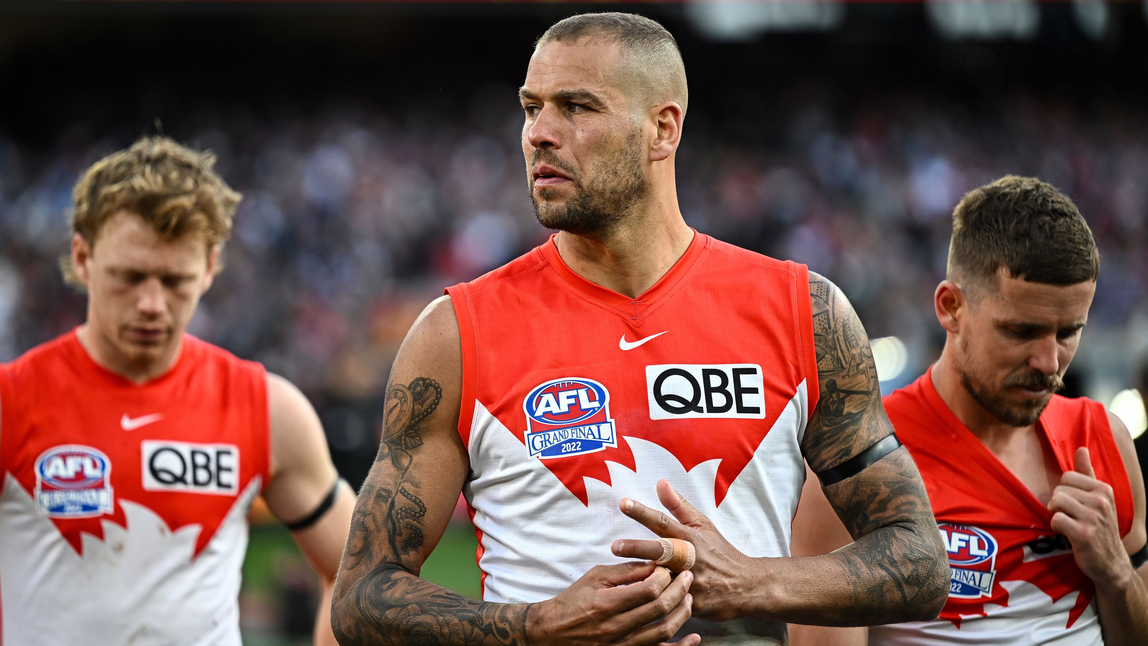 Lance Franklin of the Swans looks dejected after losing the grand final.