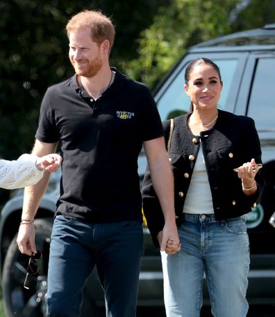 Meghan, Duchess of Sussex and Prince Harry attend the Jaguar Land Rover Driving Challenge on day one of the Invictus Games The Hague 2020 at Zuiderpark on April 16, 2022 in The Hague, Netherlands. (Photo by Chris Jackson/Getty Images for the Invictus Games Foundation )