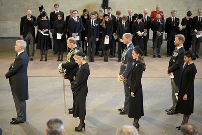 (L-R) Prince Andrew, Duke of York, Prince Edward, Earl of Wessex, and his wife Sophie, Countess of Wessex, Prince William, Kate, Princess of Wales, Prince Harry, and Meghan, Duchess of Sussex, pay their respects to Queen Elizabeth II as the coffin rests in Westminster Hall for her Lying-in State, in London, Wednesday, Sept. 14, 2022