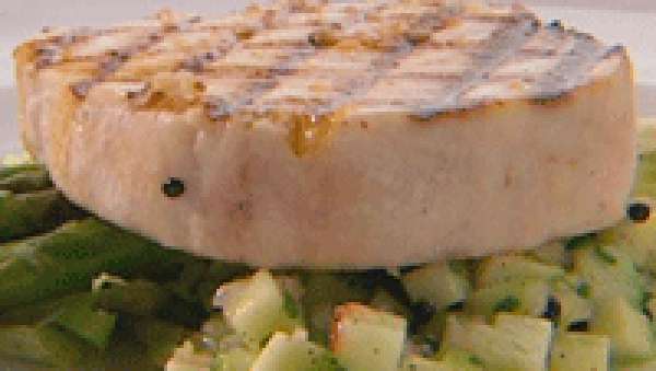 Chargrilled swordfish with cucumber, apple and vanilla salsa