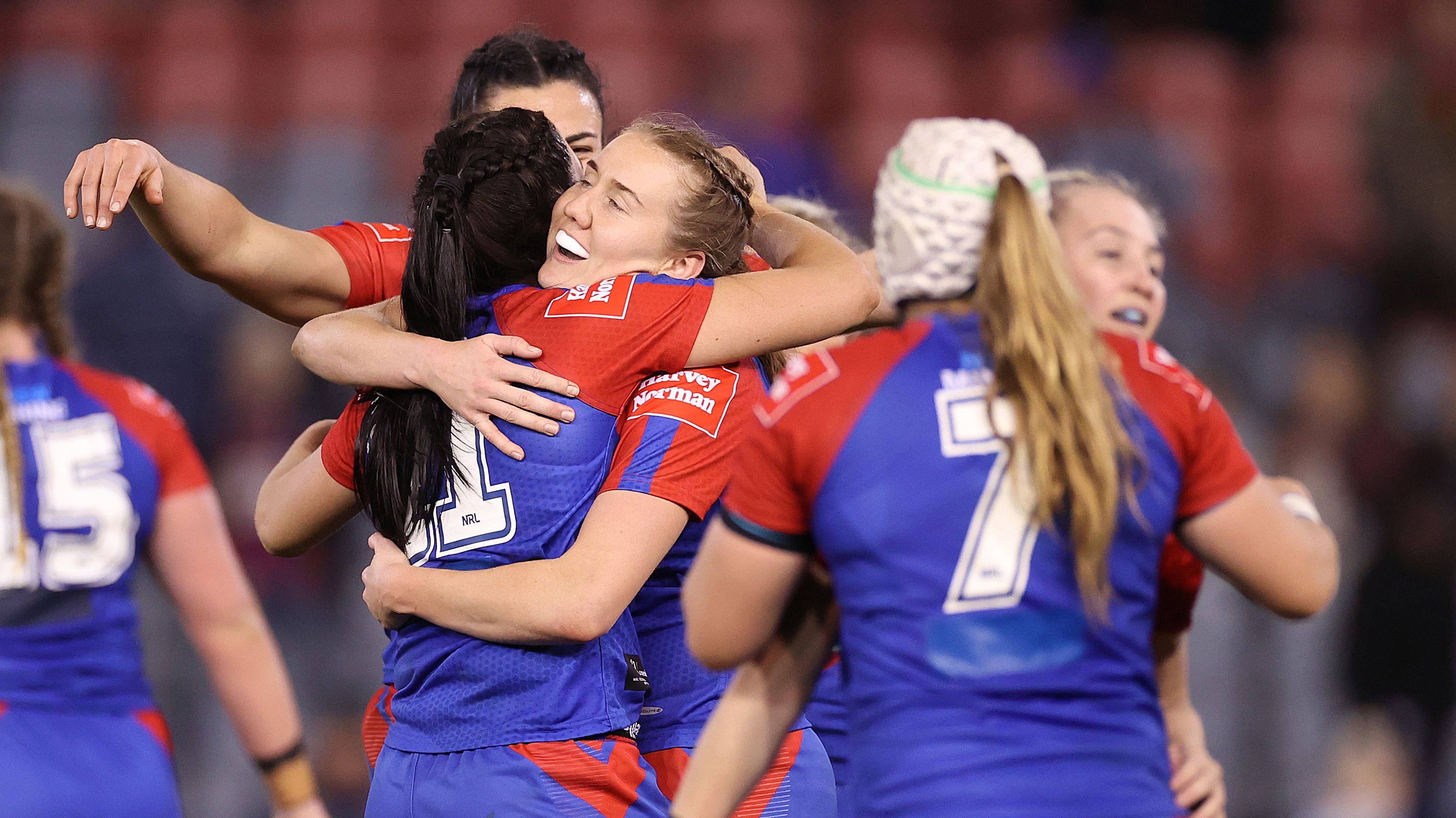 Knights players celebrate victory during the round one NRLW match between Newcastle Knights and Brisbane Broncos at McDonald Jones Stadium, on August 21, 2022, in Newcastle, Australia. (Photo by Cameron Spencer/Getty Images)