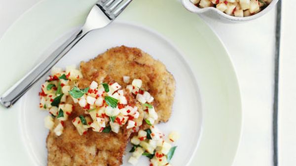 Crumbed pork steaks with pineapple, lime and chilli mojo