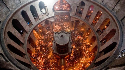 A view of the Church of the Holy Sepulchre as Orthodox Christians celebrate Holy Fire before Easter. (Photo: AP).