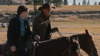 Kevin Costner as John Dutton and Finn Little as Carter in Yellowstone Season 4 on Stan