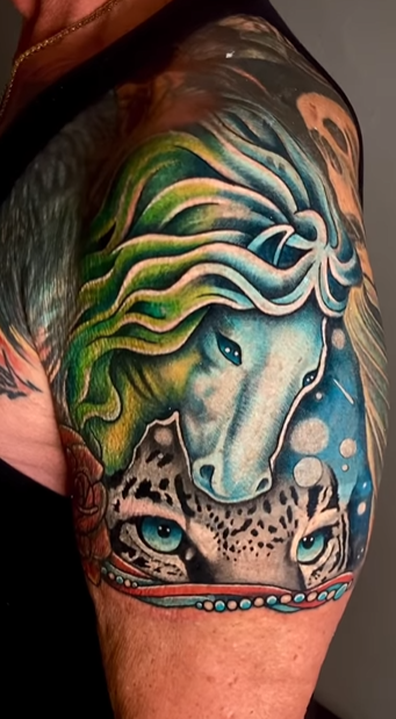 Sylvester Stallone covers up second tattoo of Jeniffer Flavin with a colour horse and leopard combo.