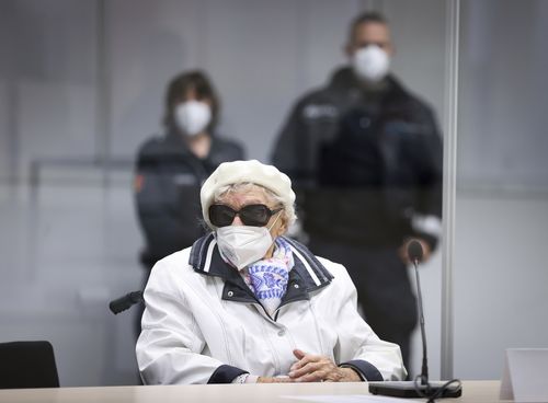 The at this time 96-year-old defendant Irmgard F. sits in the courtroom at the beginning of the trial day in Itzehoe, Germany, Tuesday, Nov. 9, 2021. 