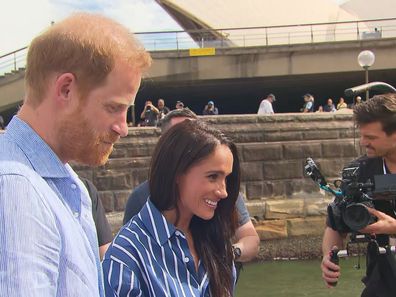 Prince Harry and Meghan Markle receive an Australian gift of a pair of thongs at the Sydney Opera House