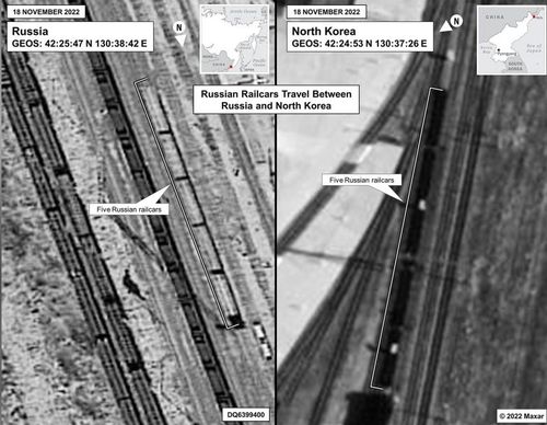 In this aerial graphic provided by the US Government, Russian railcars are seen travelling between Russia and North Korea
