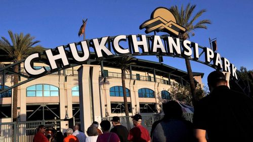 Fans arrive at Chukchansi Park in Fresno, Calif., Sept. 18, 2015, for a minor-league baseball game between the Fresno Grizzlies and the Round Rock Express.
