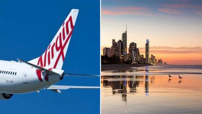 Virgin Australia plane tail | Gold Coast skyline at sunset